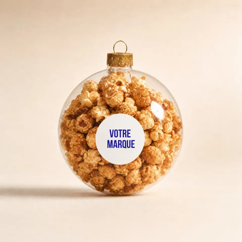 Boule de Noël transparente remplie de popcorn, étiquette à votre marque