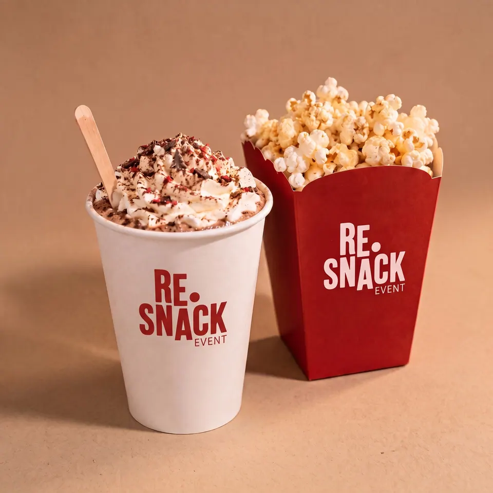 Chocolat chaud et pot de popcorn