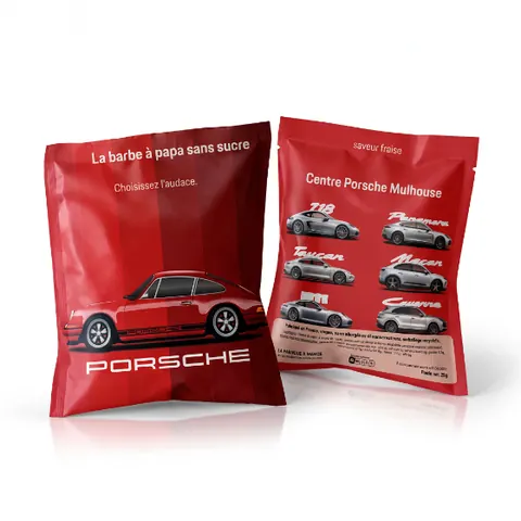 Sachet de barbe à papa sans sucre fraise personnalisé Centre Porsche Mulhouse